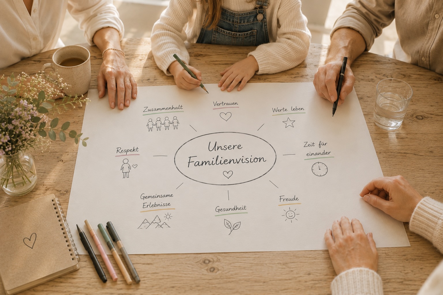 Erwachsene und ein Kind zeichnen gemeinsam auf einem großen Blatt eine Mindmap „Unsere Familienvision“ mit Begriffen wie Zusammenhalt, Vertrauen, Respekt und Zeit füreinander.