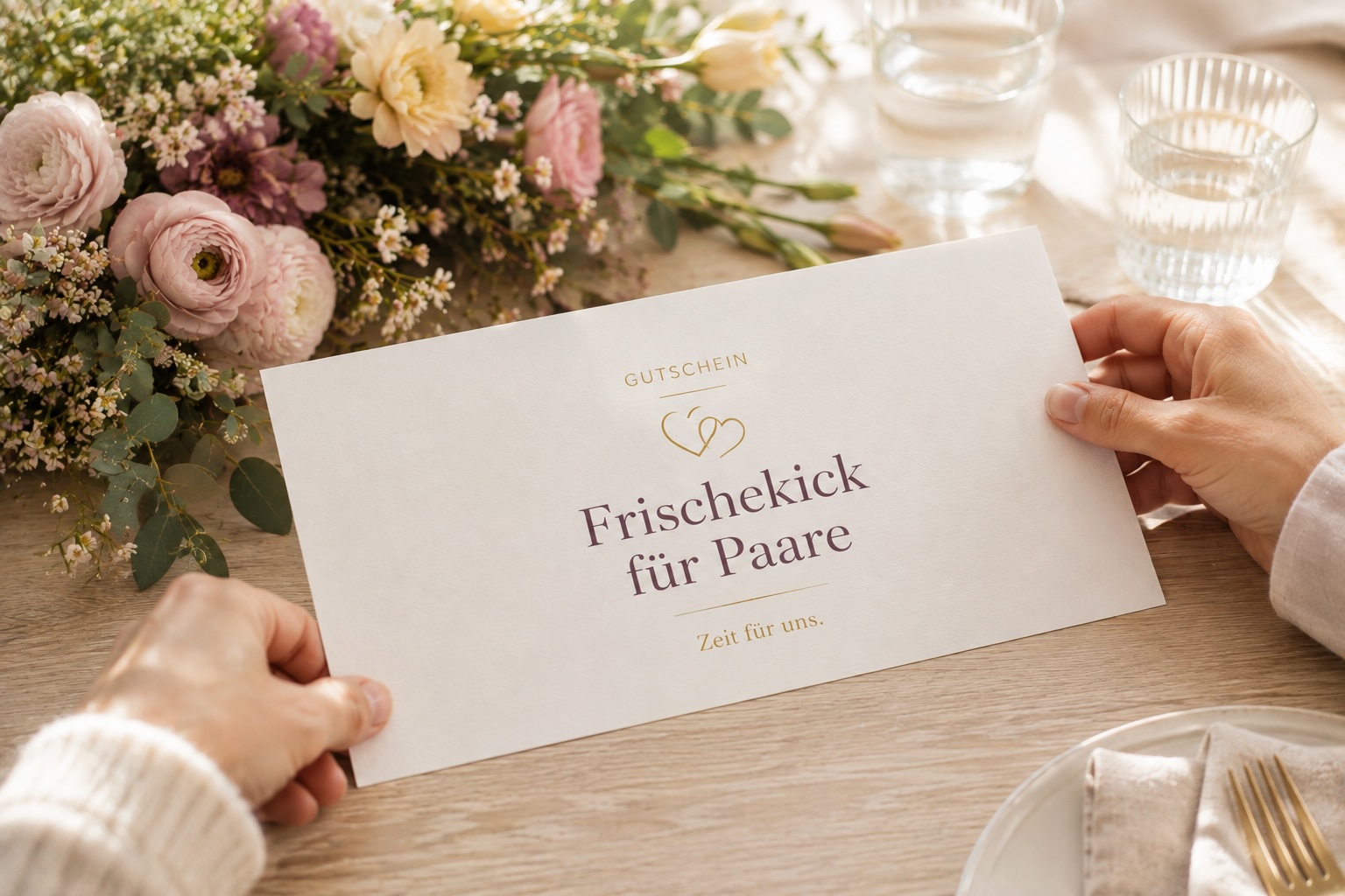 Zwei Hände halten über einem gedeckten Tisch mit Blumenstrauß in Rosé- und Cremetönen einen hellen Gutschein mit der Aufschrift „Frischekick für Paare – Zeit für uns“.