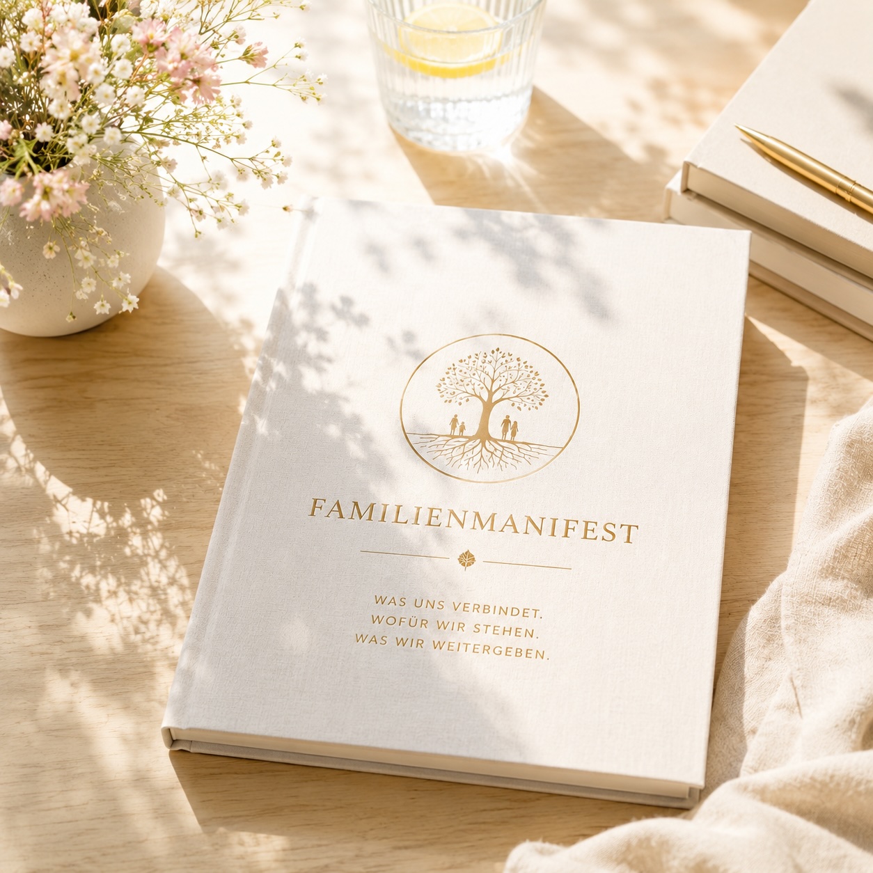 Ein weißes Buch mit goldener Prägung „Familienmanifest“ und einem Lebensbaum-Motiv liegt auf einem hellen Holztisch neben Blumen und einem Wasserglas.