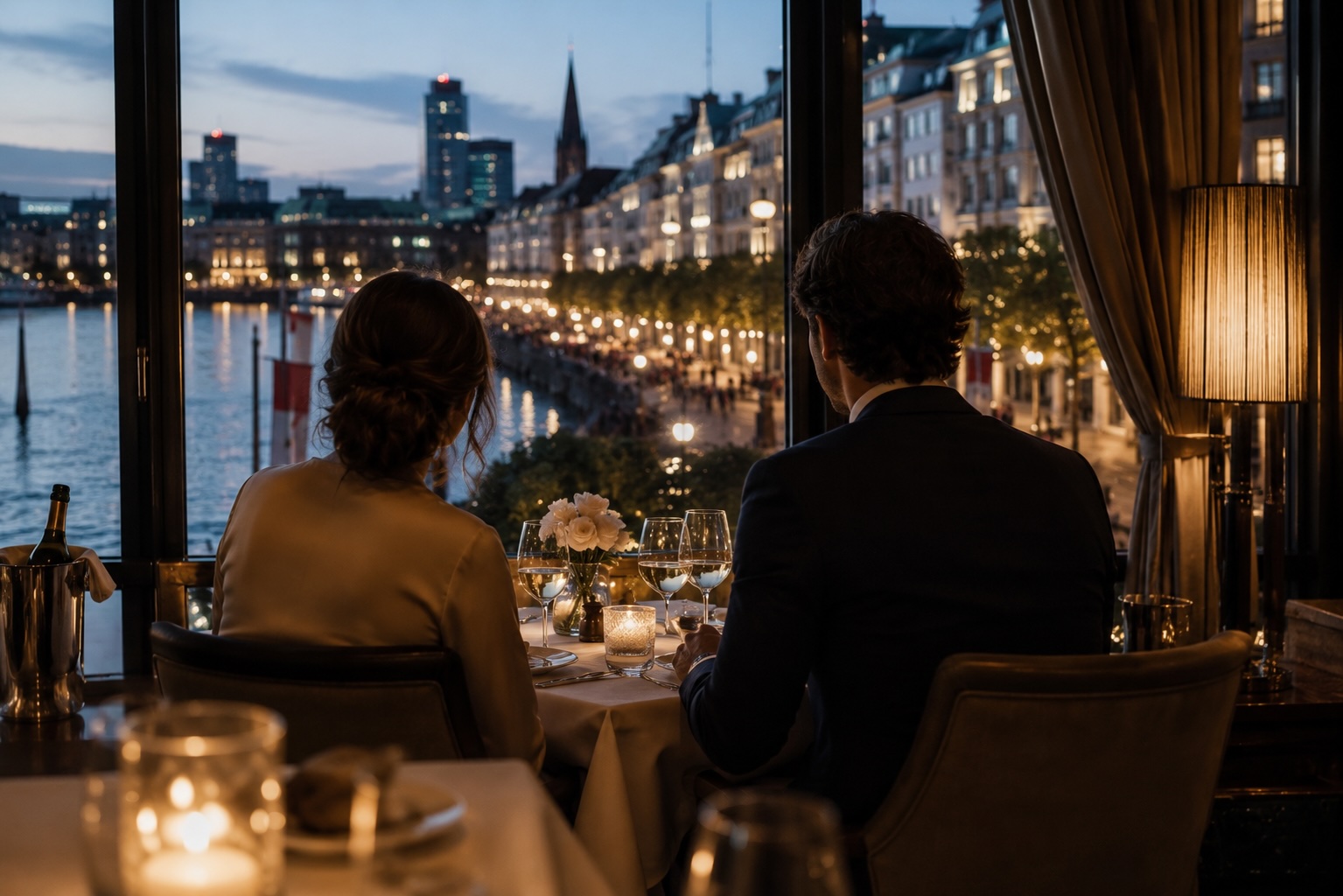 Ein Paar sitzt bei Kerzenschein an einem Fenstertisch mit Blick auf die abendliche Rheinuferpromenade und die Düsseldorfer Altstadt.
