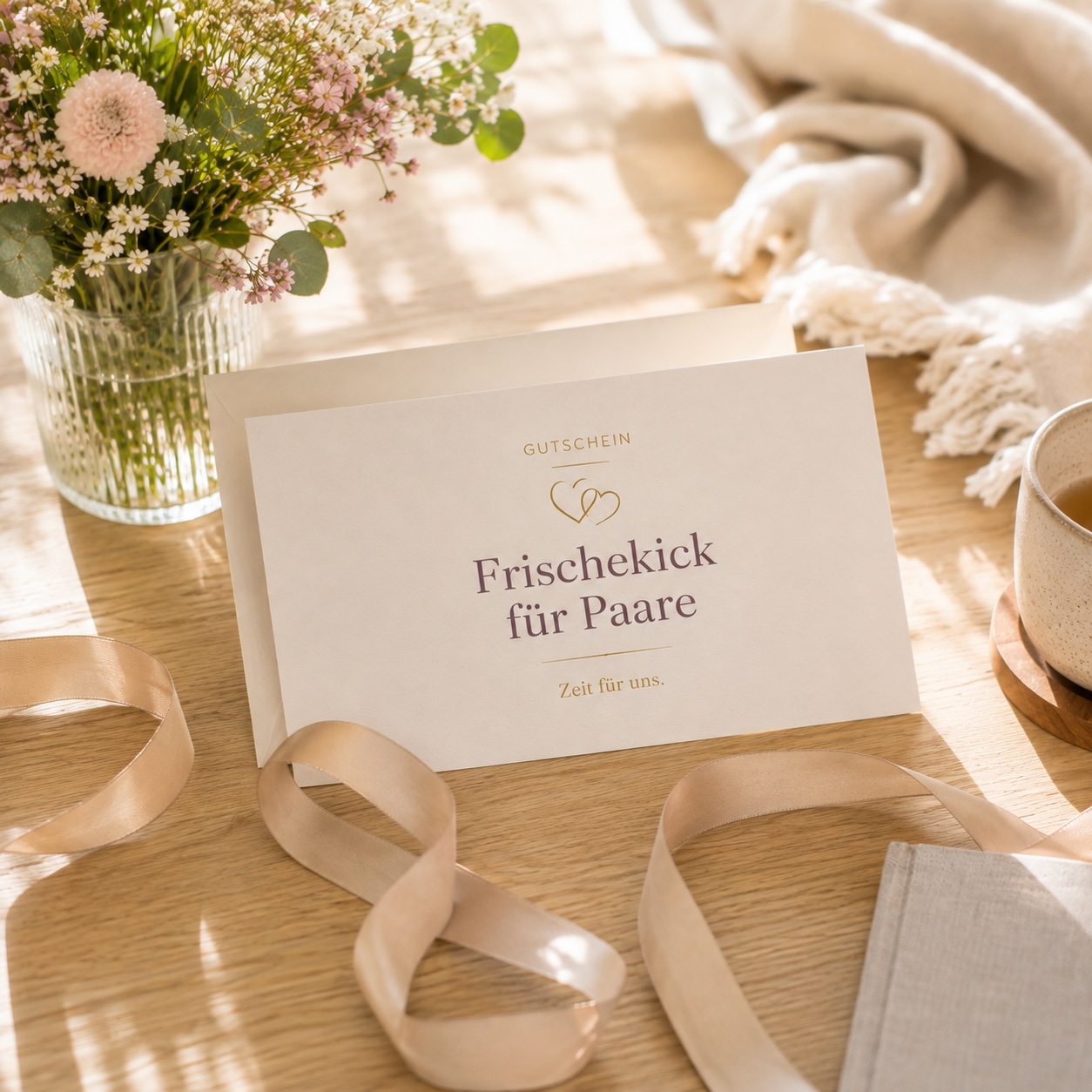 Ein cremefarbener Gutschein-Umschlag mit der Aufschrift „Frischekick für Paare – Zeit für uns“ liegt mit Satinband und Blumen auf einem Holztisch.
