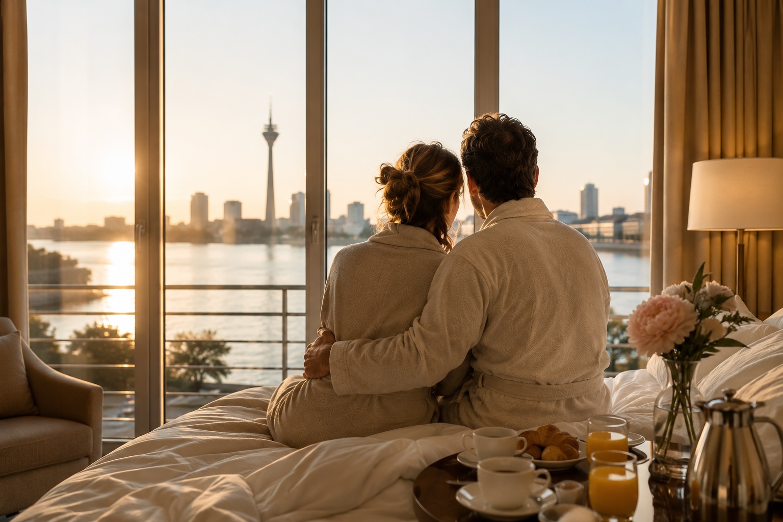 Ein Paar in Badem&auml;nteln sitzt auf einem Hotelbett und blickt durch die Fensterfront auf den Rhein und den D&uuml;sseldorfer Fernsehturm im Morgenlicht, davor ein Fr&uuml;hst&uuml;ckstablett.