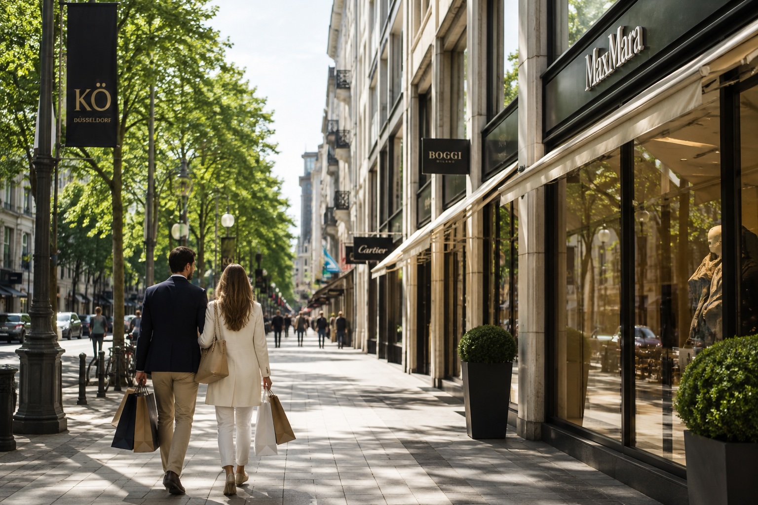 Ein Paar mit Einkaufstüten schlendert im Sonnenlicht die Düsseldorfer Königsallee entlang, vorbei an Boutiquen und der Baumallee.