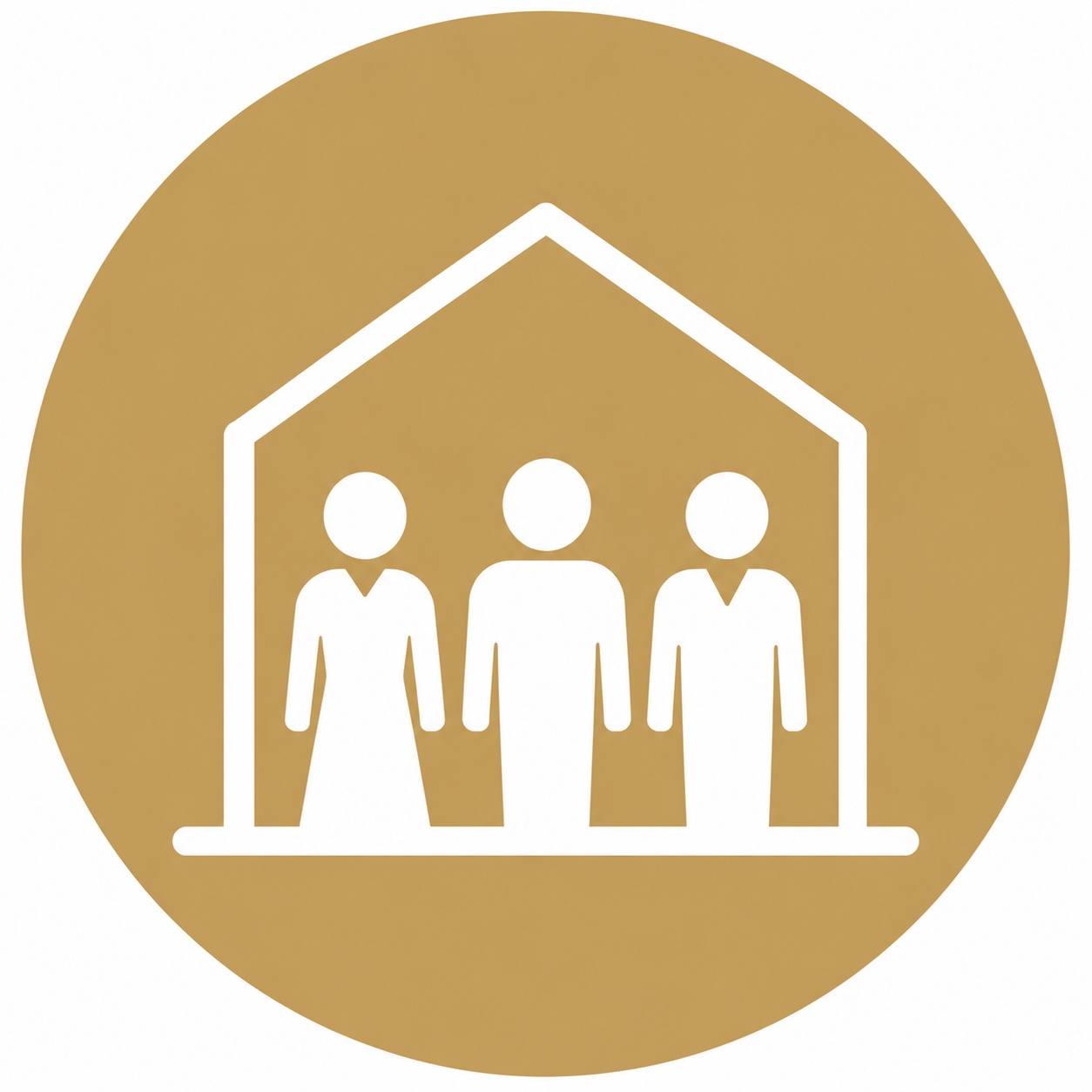 Goldener Kreis mit wei&szlig;em Symbol: drei Personen unter einem Hausdach.