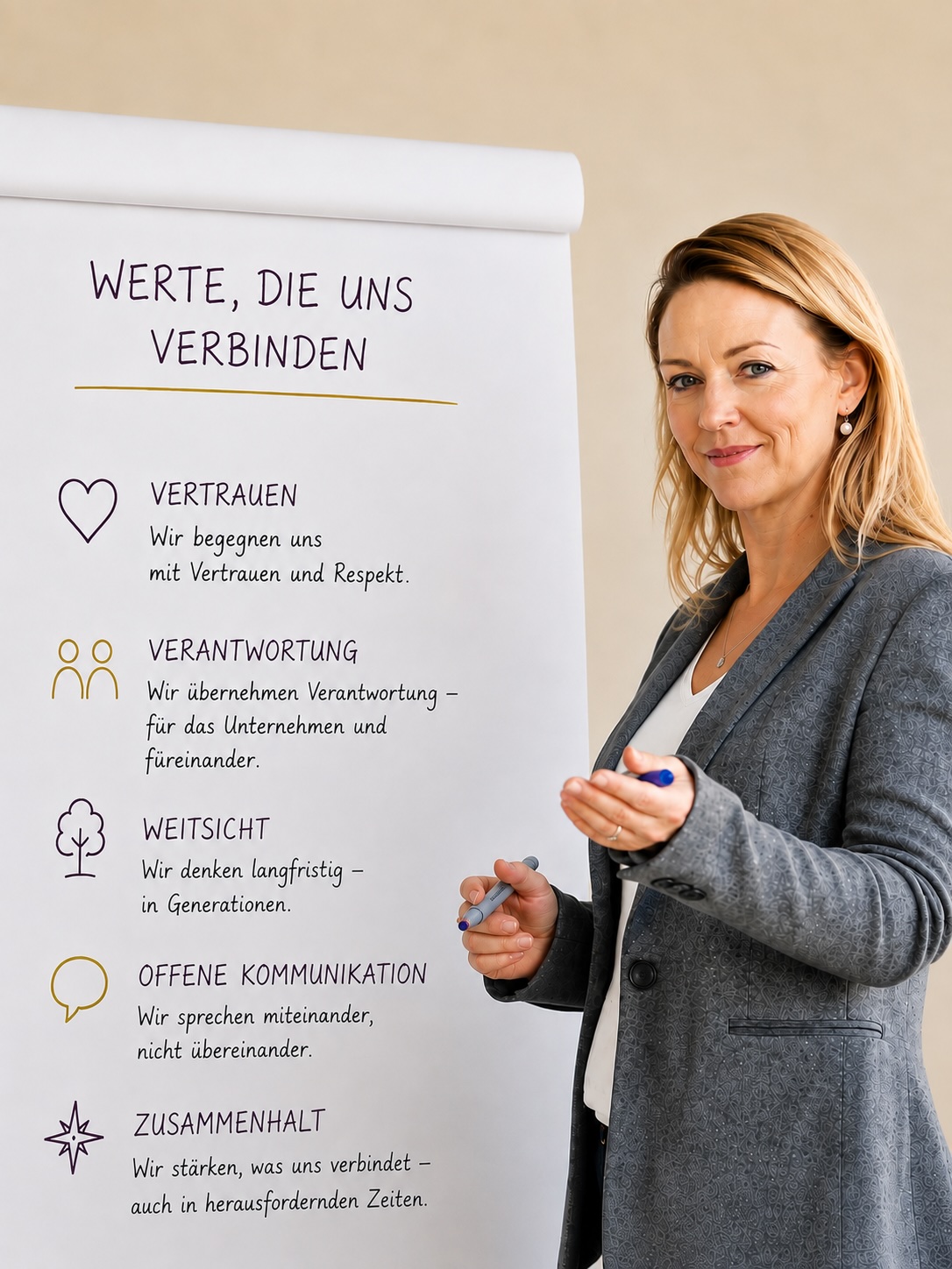 Aimée Bastian steht neben einem Flipchart „Werte, die uns verbinden“ mit fünf Werten – Vertrauen, Verantwortung, Weitsicht, offene Kommunikation, Zusammenhalt.