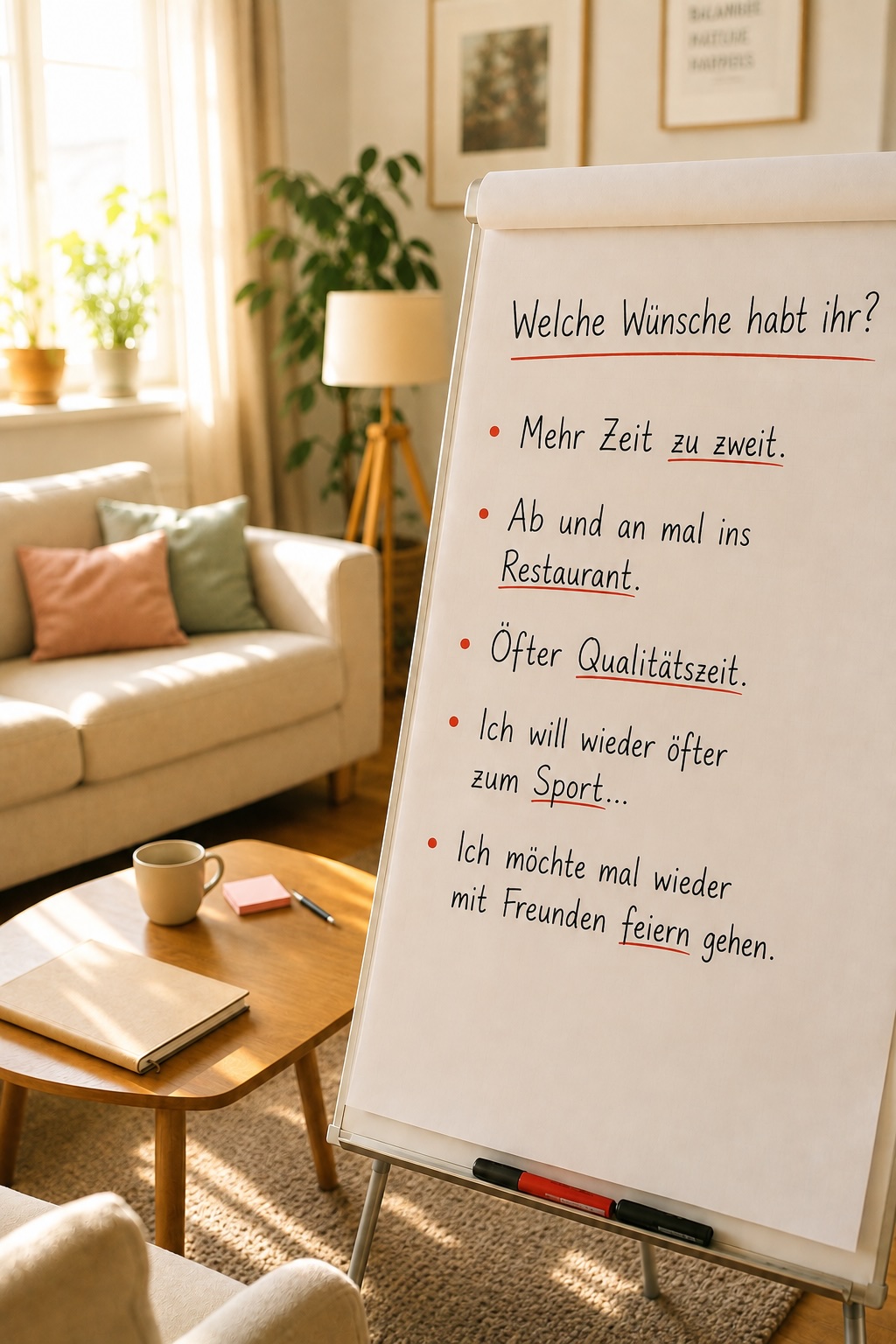 Flipchart mit der Ueberschrift Welche Wuensche habt ihr und Stichpunkten wie Mehr Zeit zu zweit, ins Restaurant, Oefter Qualitaetszeit, wieder oefter zum Sport, mit Freunden feiern gehen.