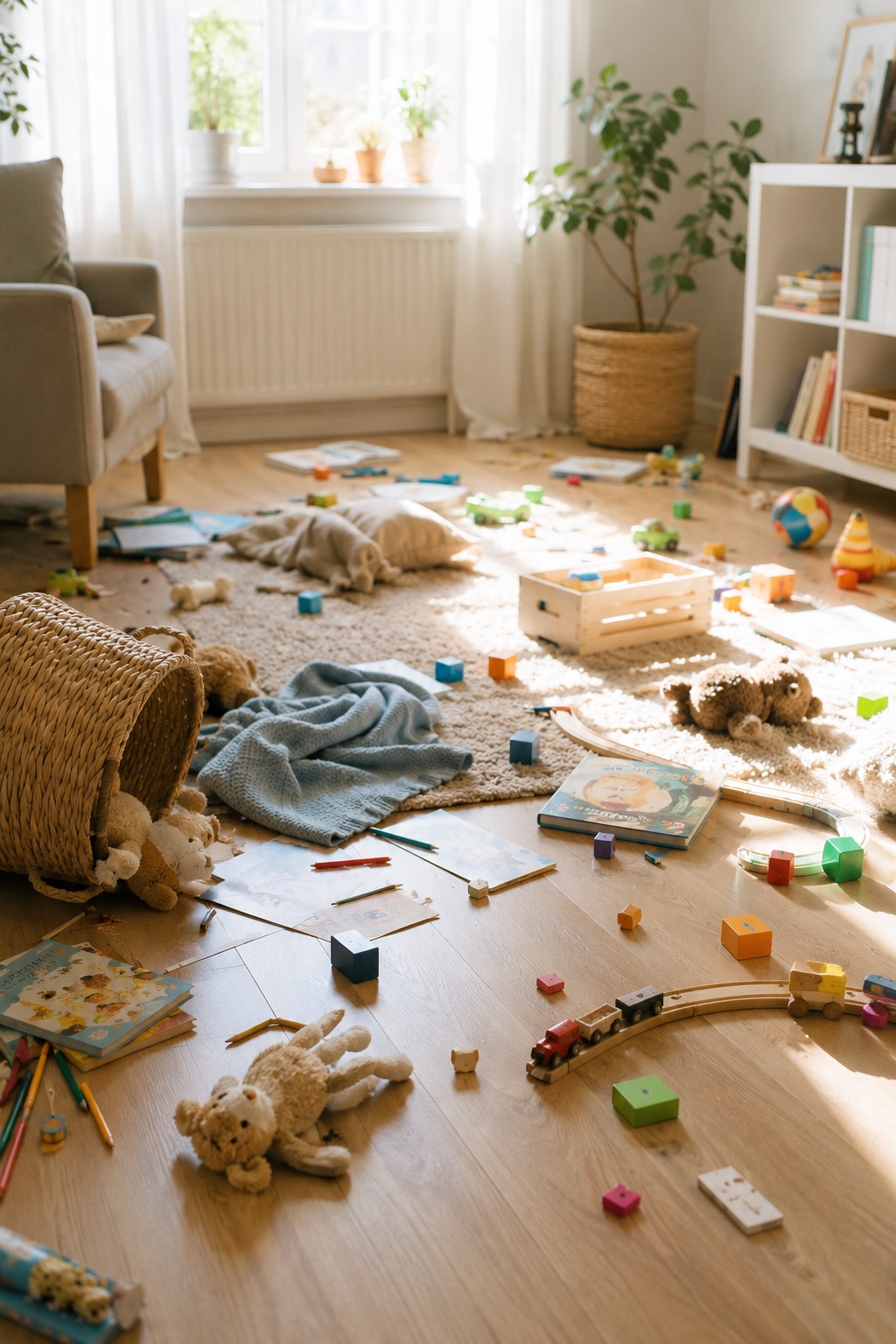 Kinderzimmer mit Spielzeug, Büchern und Decken über den ganzen Boden verteilt nach einem Wutausbruch.