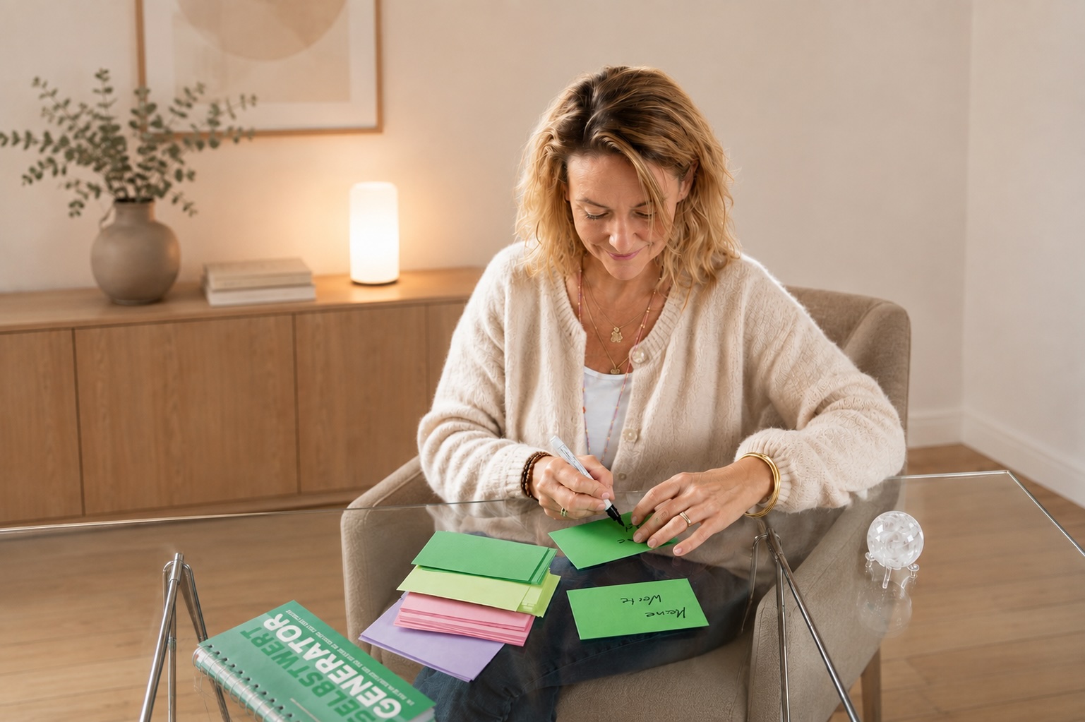Aimée Bastian sitzt in einem Sessel und beschriftet farbige Karten mit persönlichen Werten, neben ihr ein Buch „Selbstwert-Generator“.