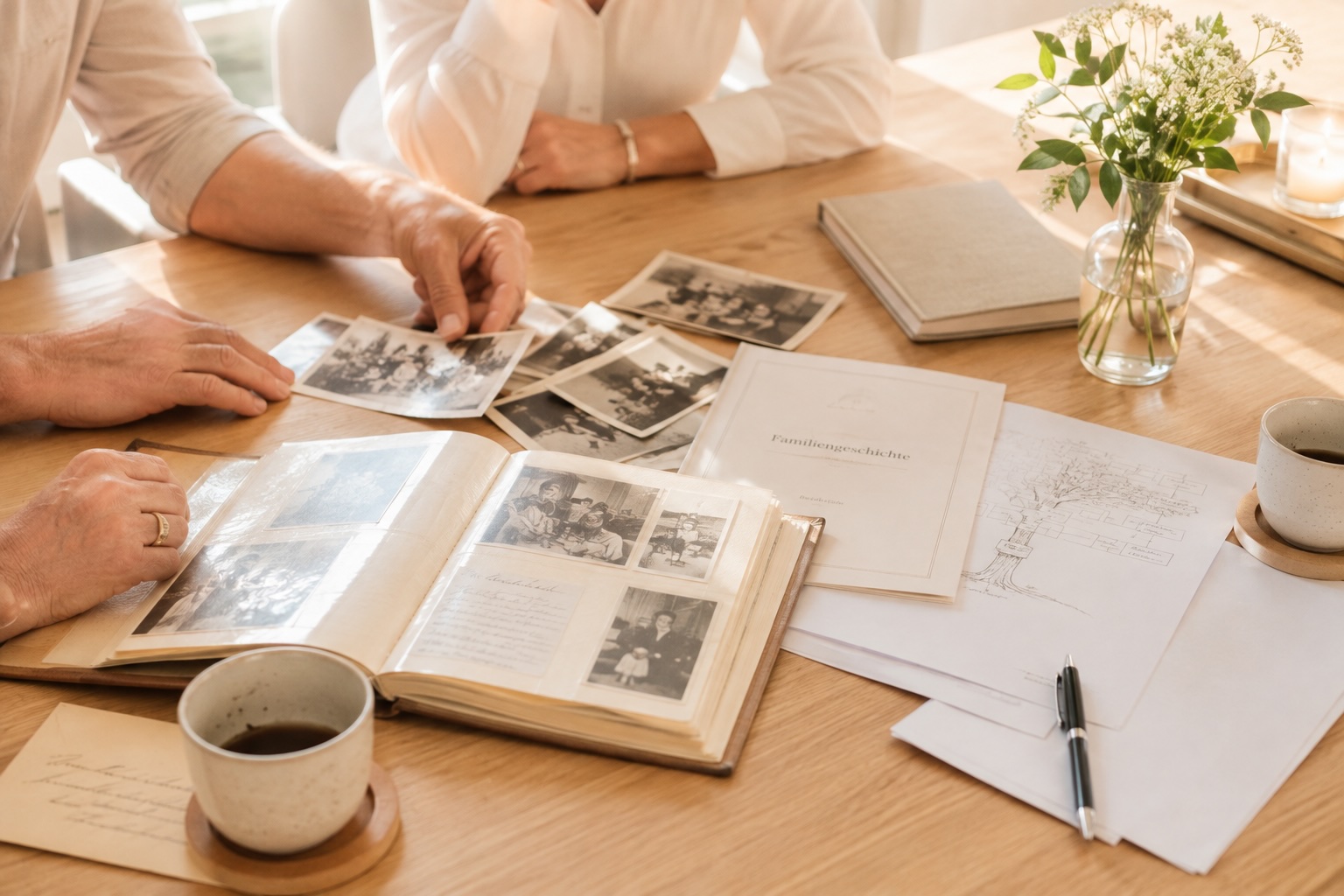 Zwei Generationen sitzen an einem Holztisch und betrachten gemeinsam alte Familienfotos und ein Fotoalbum.